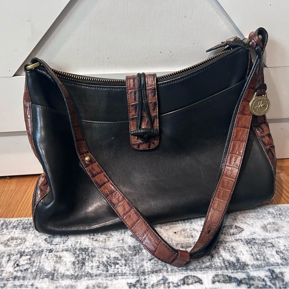 Brahmin Black Leather Bag with Gold Accents and Matching Wallet